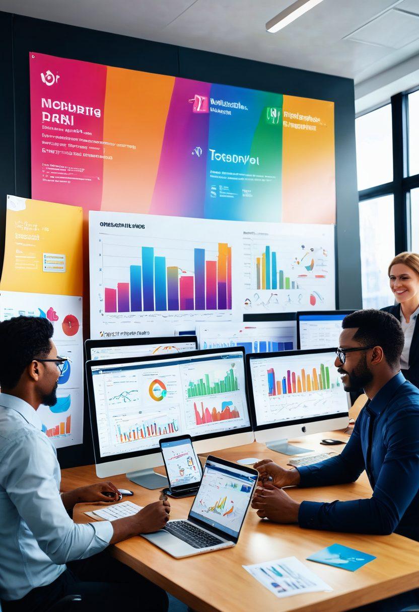A dynamic scene featuring a diverse group of professionals engaged in a lively brainstorming session, surrounded by colorful charts and digital devices displaying customer feedback. In the background, a large screen showcases metrics of client engagement, symbolizing growth and connection. Warm, inviting colors to evoke a sense of collaboration and innovation. super-realistic. vibrant colors. 3D.