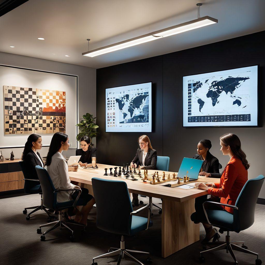 A diverse group of professionals interacting in a modern office setting, showcasing cooperation and communication, with charts and graphs illustrating client relationships on a screen in the background. Incorporate symbols of strategy, like chess pieces, blending into the environment. The atmosphere should convey positivity and engagement. super-realistic. vibrant colors. 3D.