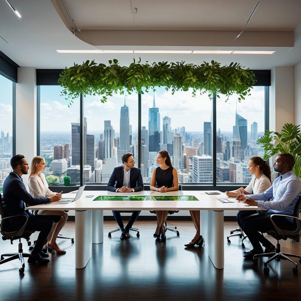 A professional scene depicting a diverse team of individuals gathered around a sleek conference table, engaged in a digital brainstorming session with holographic technology displaying analytics and client feedback. In the background, a modern office with large windows showcasing a city skyline while plants add a touch of green. The atmosphere reflects collaboration and innovation. super-realistic. vibrant colors. modern office style.